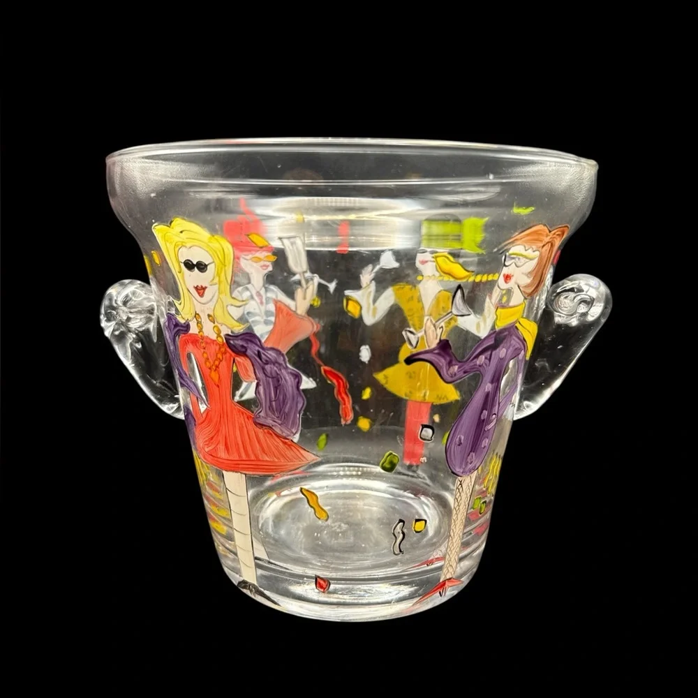 Vintage Hand Painted Whimsical Ladies Night Wine Glasses and Ice Bucket Set